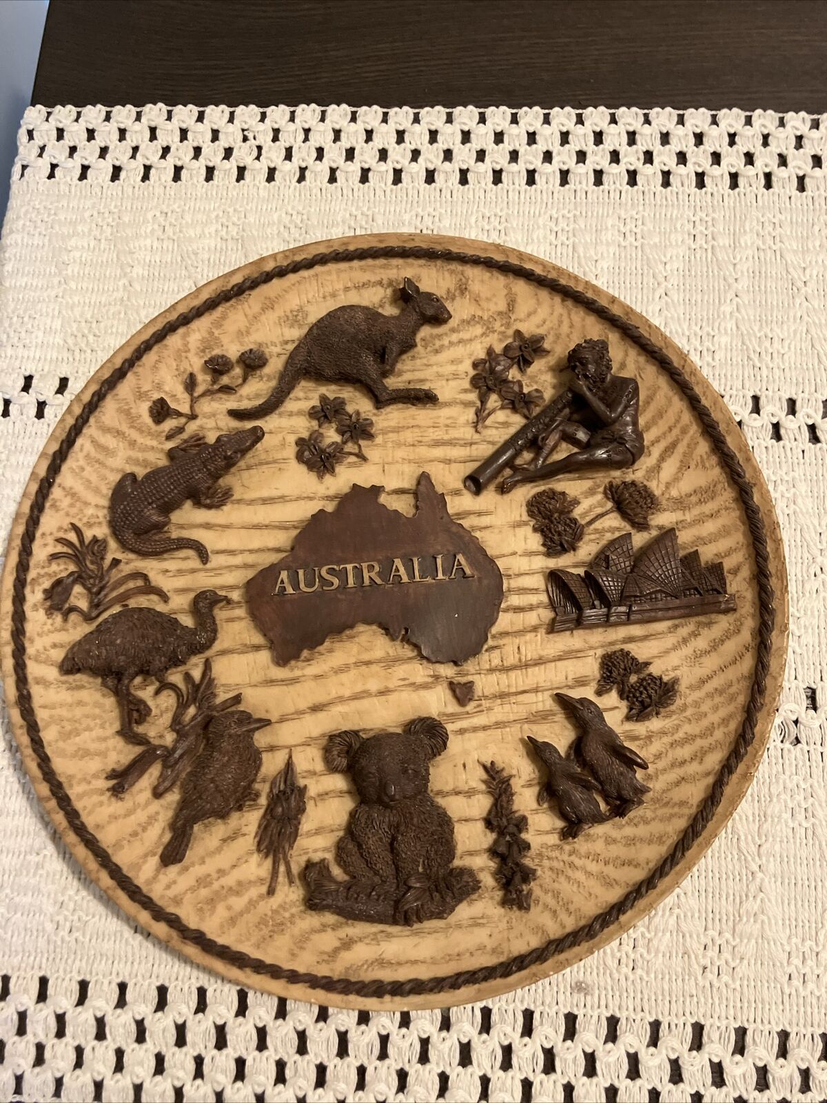 Vintage Carved Wooden Plate. Australian Culture And Animals.  8”.