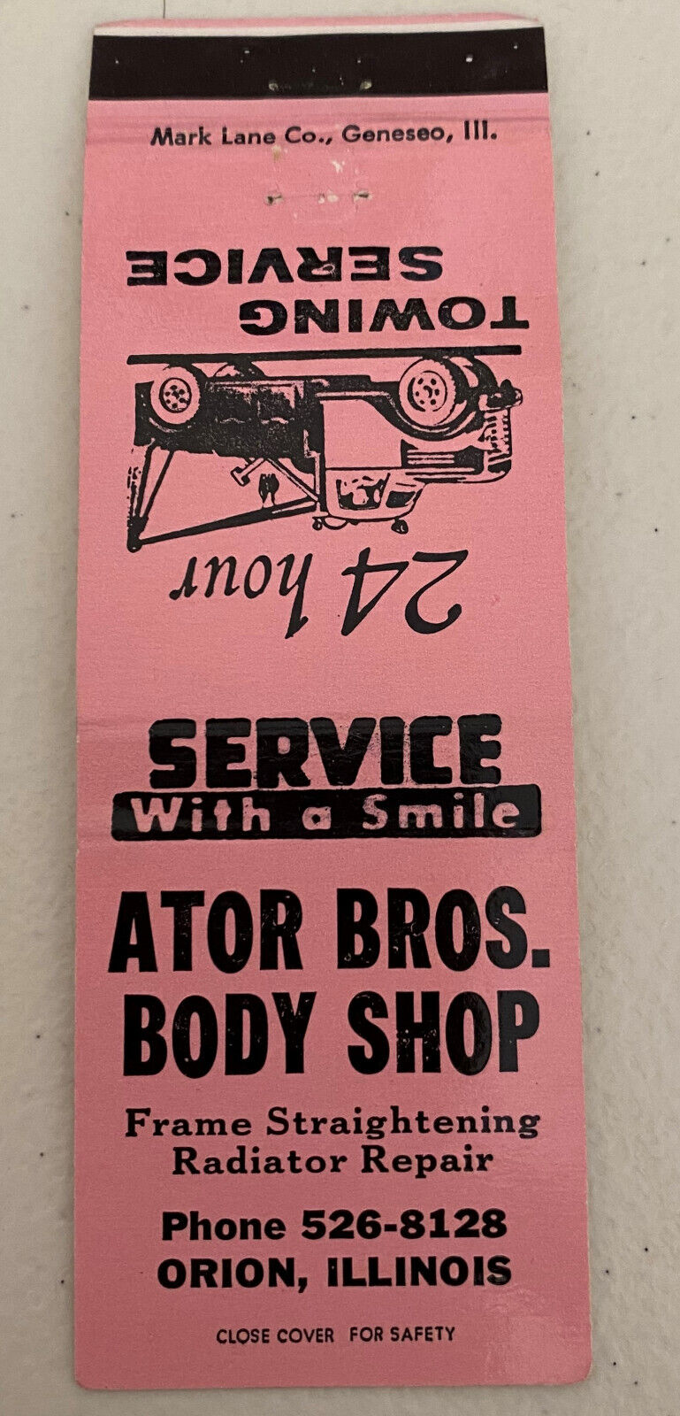 Vintage Ator Bros Body Shop, Orion IL, front strike matchbook cover