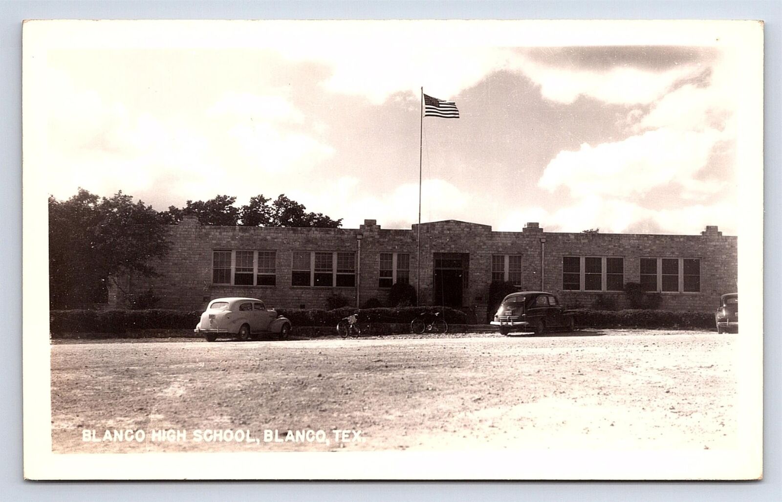 Postcard RPPC High School Blanco Texas c.1940s Cars