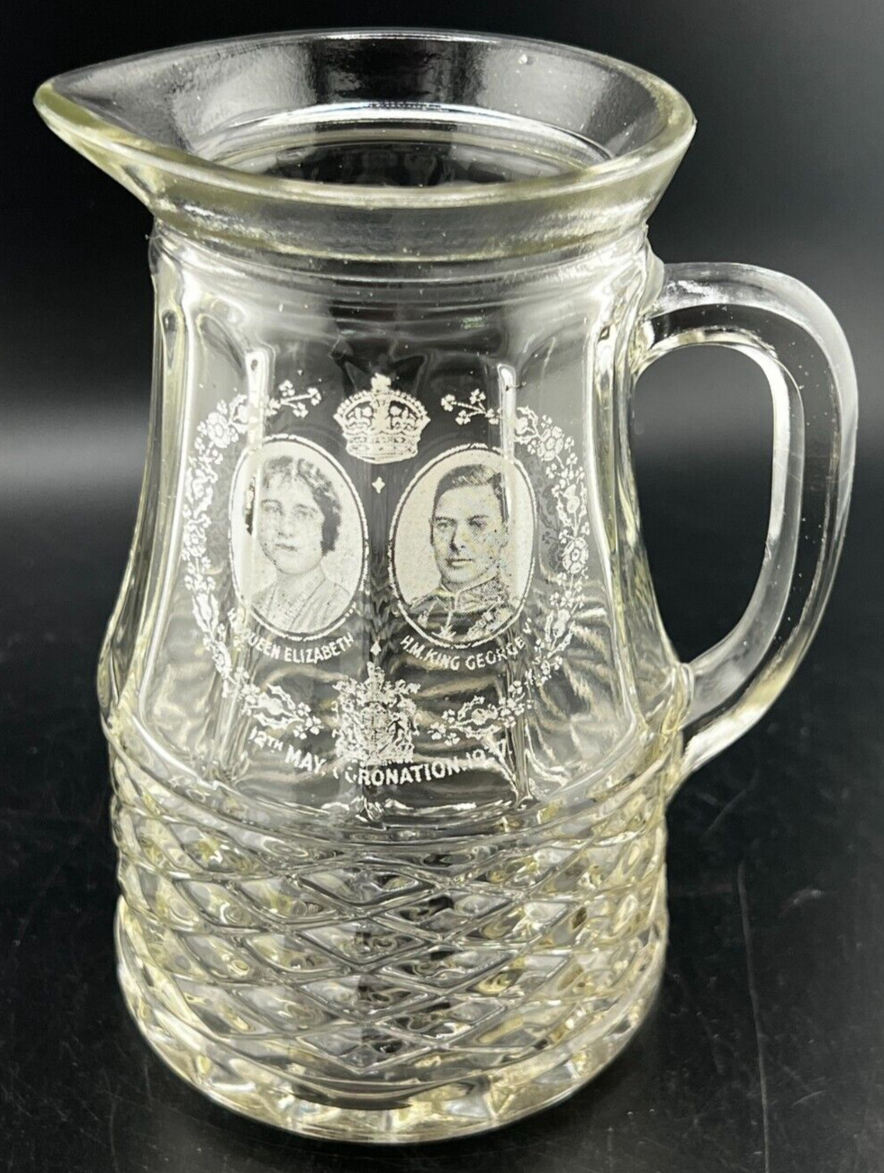 KING GEORGE VI QUEEN ELIZABETH 1937 PRESSED GLASS SMALL PITCHER