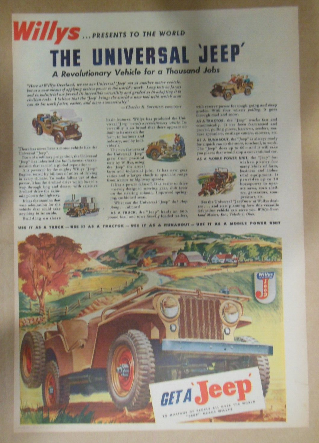 Willys Car Ad: War Time The Universal Jeep  from 1945 Size: 11 x 15 inches