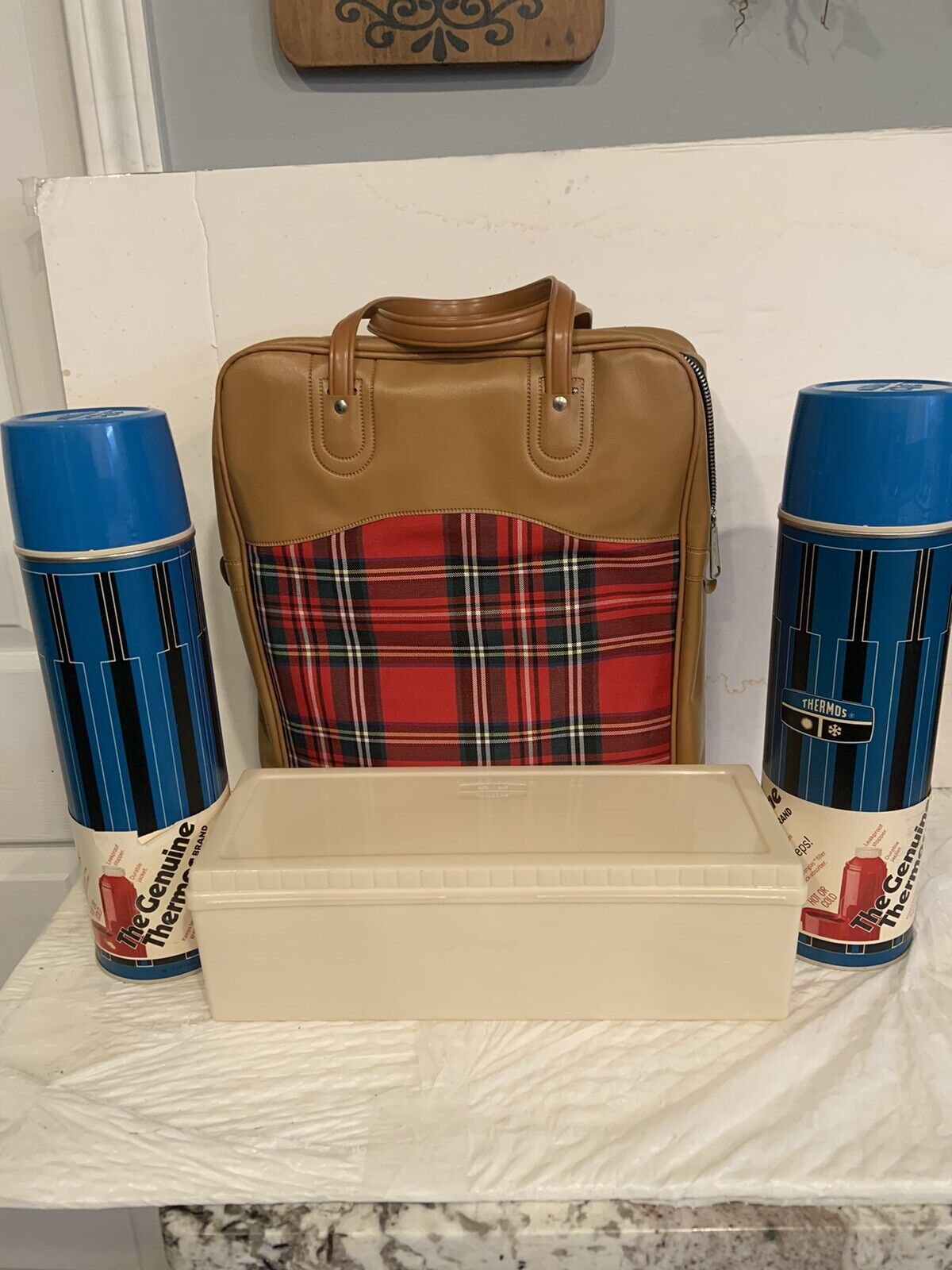 Vntg Thermos Picnic Set King Seeley 1973 Lunchbox 2 Metal Bottles W/Plaid Tote