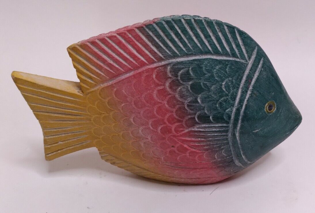 Vintage Hand Carved Wooden Tropical Colorful Fish Figurine Nautical Ocean Decor