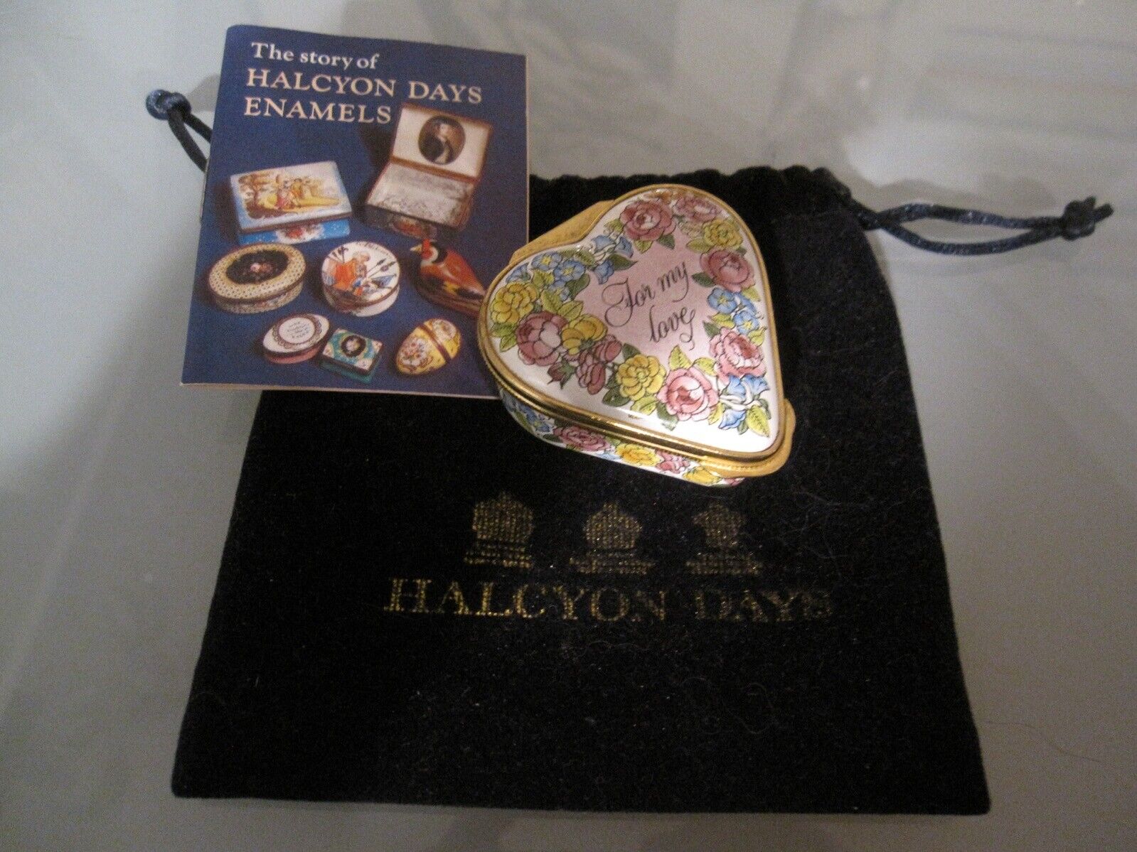 Halcyon Days Enamel Heart Shaped Box Bilston & Battersea Card + Pouch