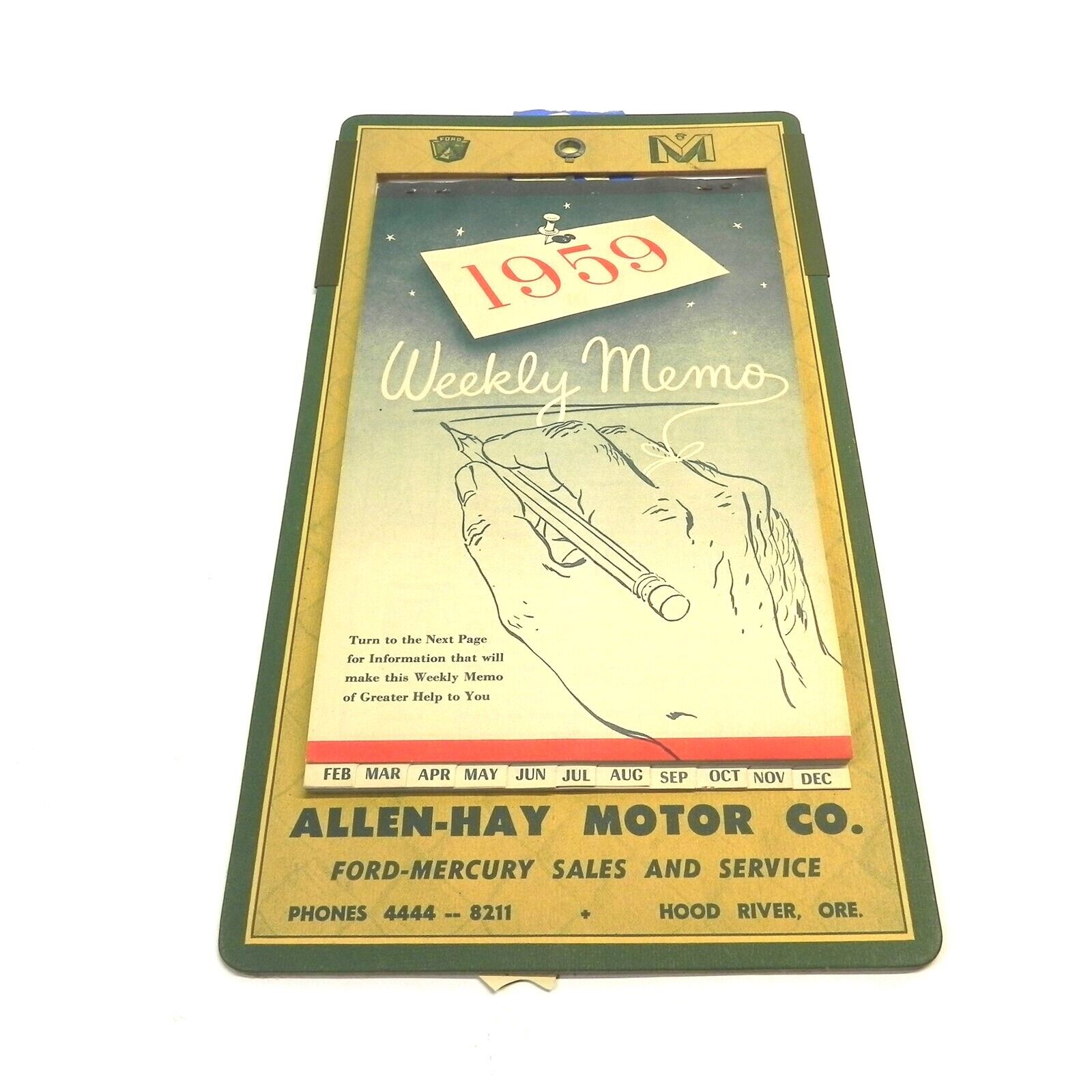 ALLEN-HAY MOTOR CO. HOOD RIVER, OR 1959 PROMO CALLENDAR NEW UNUSED VINTAGE SIGN