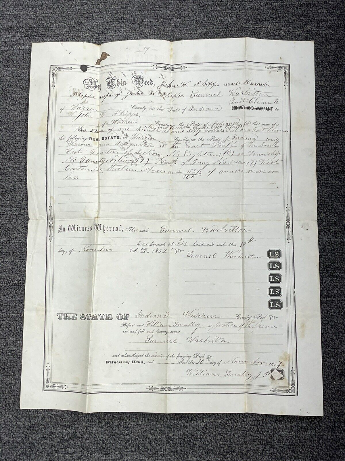 Antique 1857 Warranty Deed From Warren County Indiana Real Estate Contract