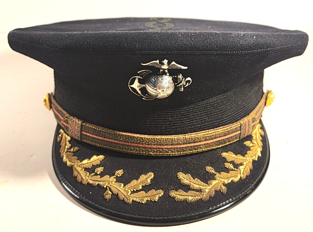 U.S.M.C. MARINE CORPS WWII DRESS BLUE OFFICER HAT with STERLING SILVER EGA NAMED