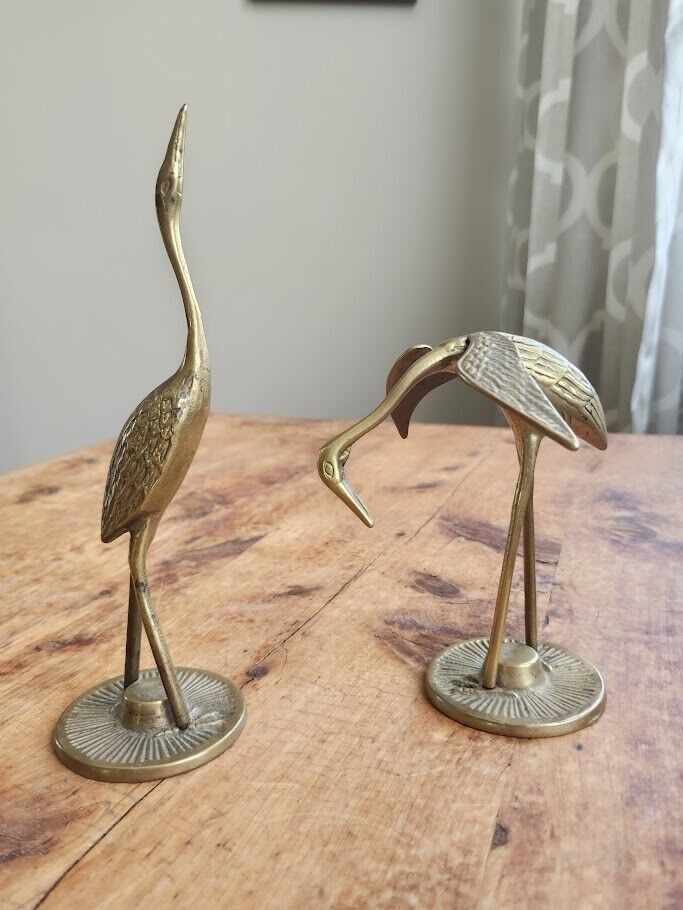 Leonard Solid Brass Birds Crane Egret Heron Statues 7 1/2\