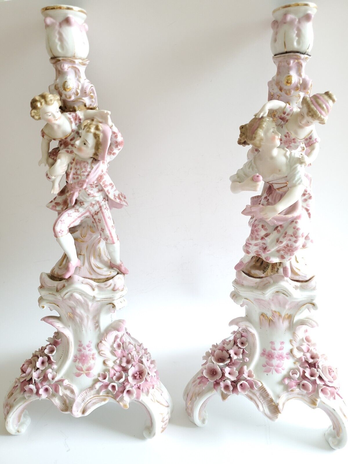 Antique Alfred Voigt Sitzendorf Pair Of Porcelain Candlesticks with Figurines
