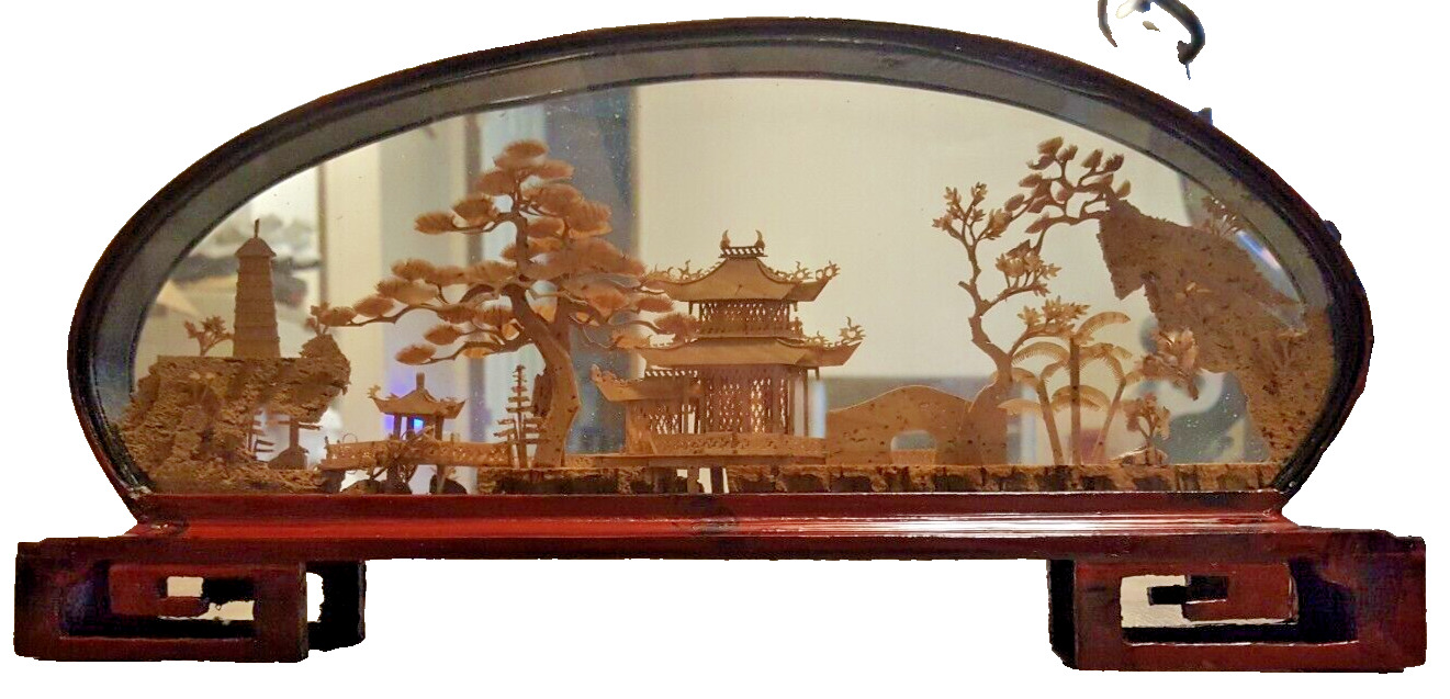 Asian Crane Pagoda Trees Vtg Art Case Chinese Cork Wood Diorama