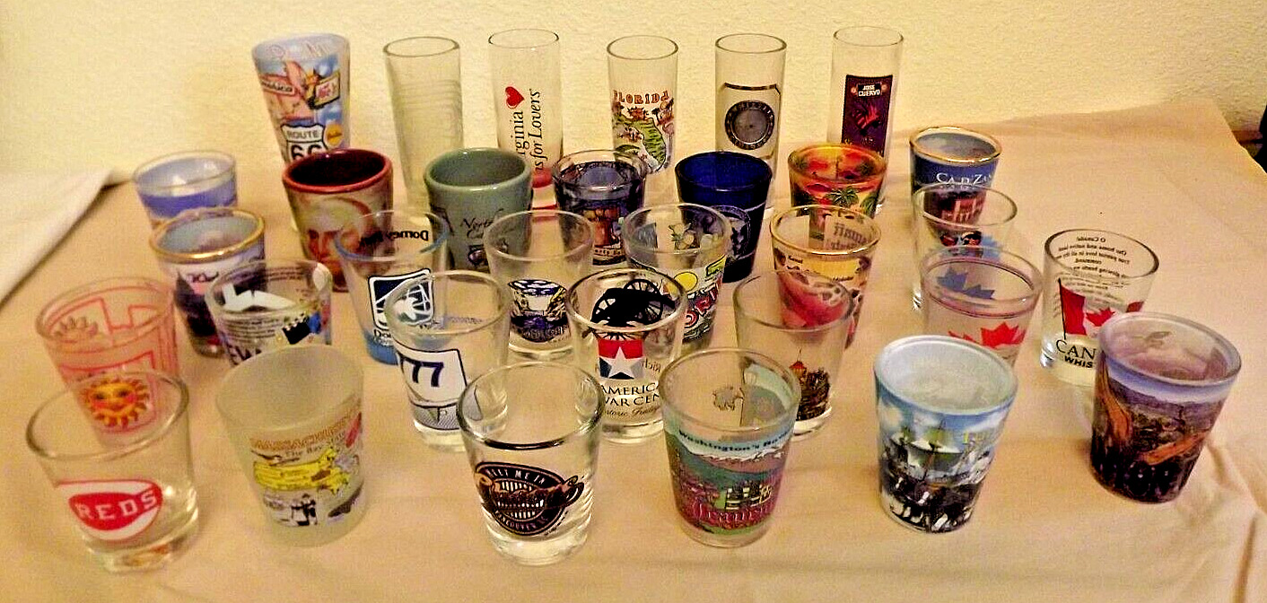 Mixed Lot of 32 Souvenir Shot Glasses
