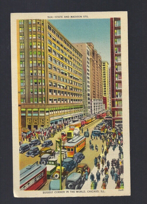 c.1930s State Madison St Street Busiest Corner Chicago Illinois IL Cars Postcard