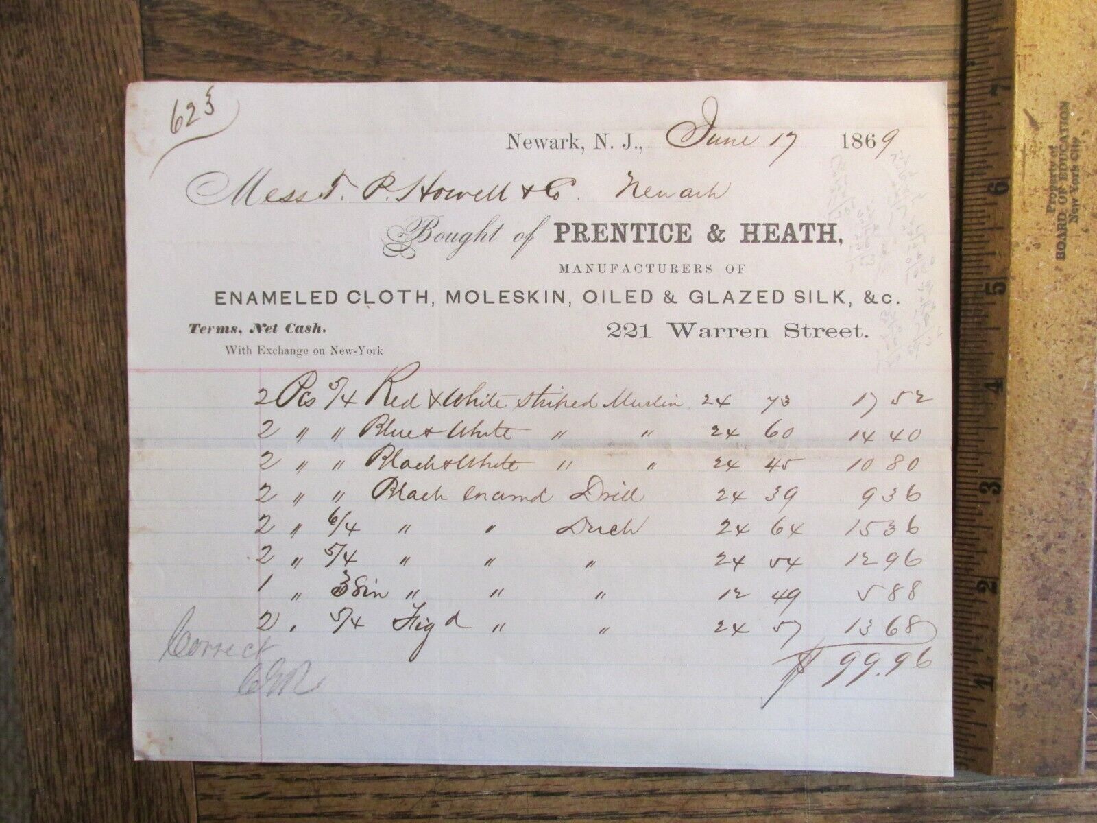 Antique Ephemera Document 1869 Billhead Newark NJ Prentice Heath Enameled Cloth