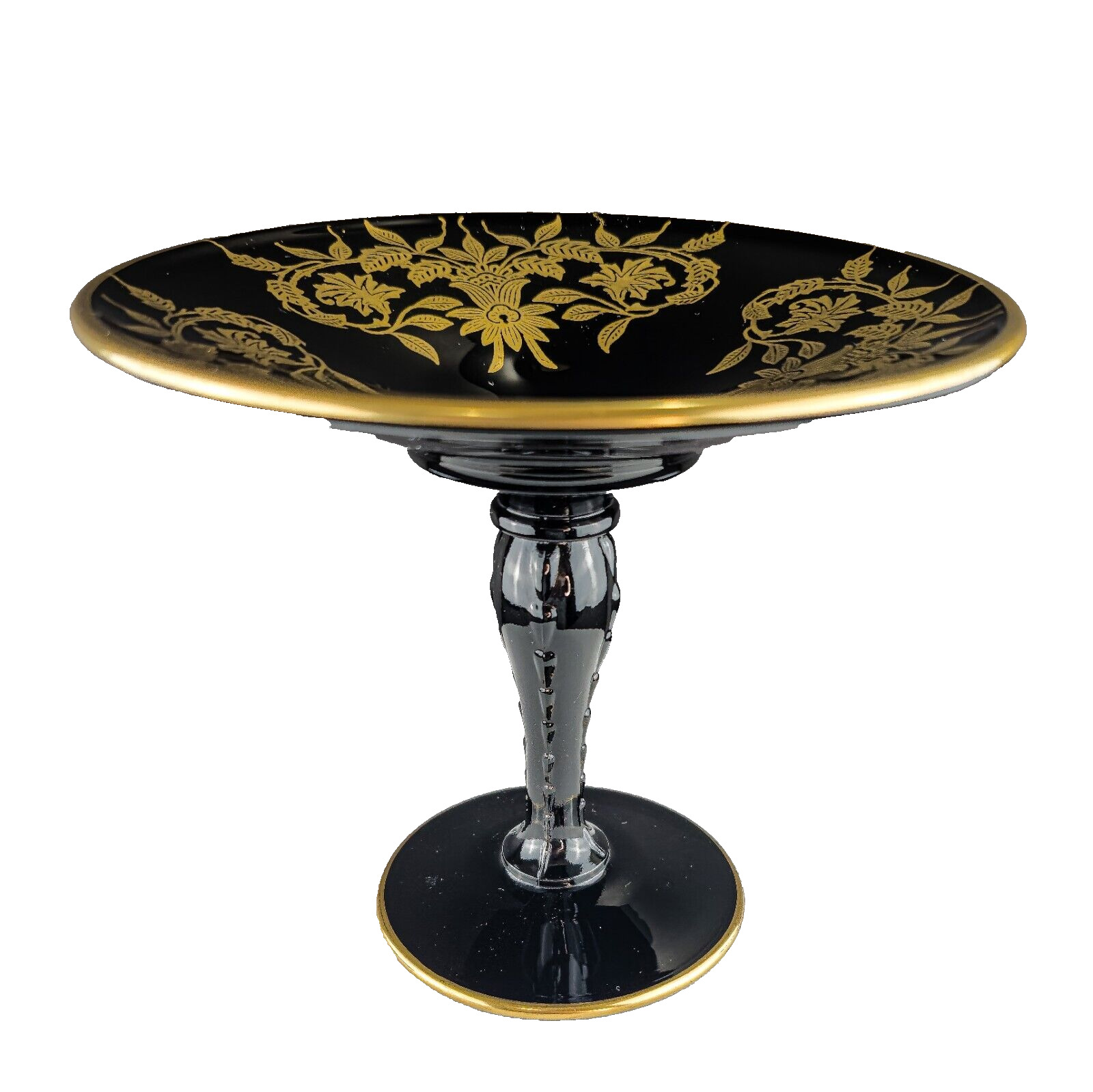 Black/Ebony Elegant Glass Comport w/ Beautiful Floral Gold Painting & Gilt