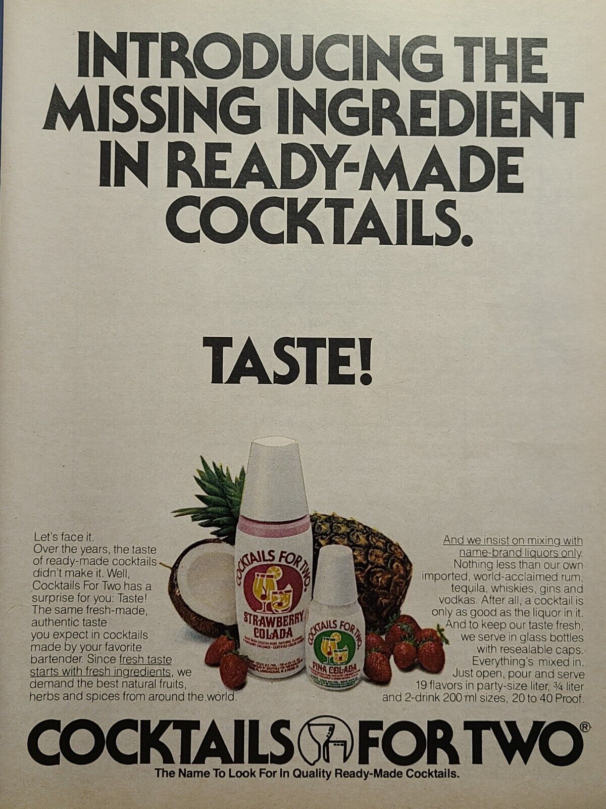 Vintage Print Ad 1980 Cocktails For Two Ready-Made Drinks Bar Decor **See Descr*