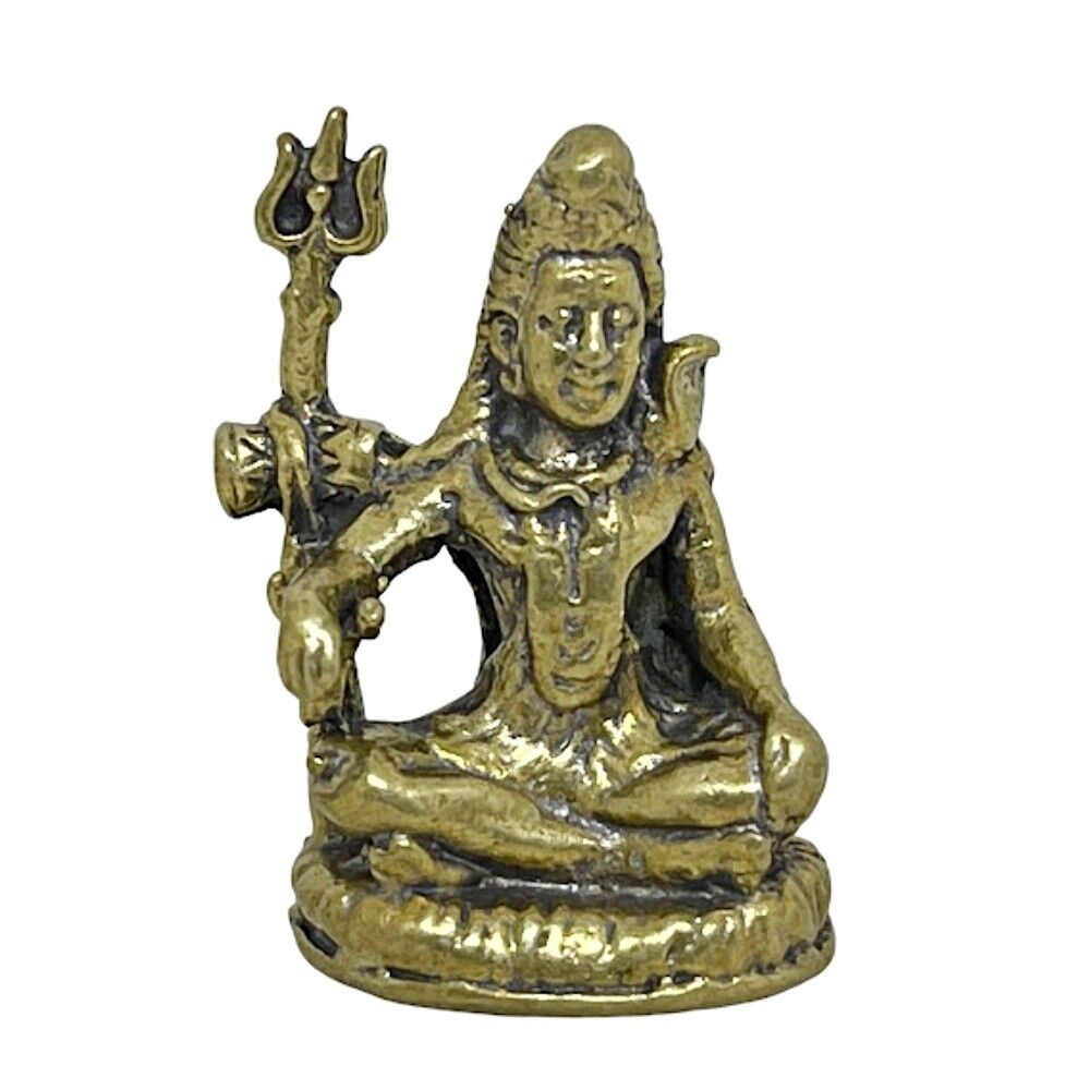 Adiyogi Shiva Destroyer God Trident Damaru Hindu Amulet Mini Brass Statue #3