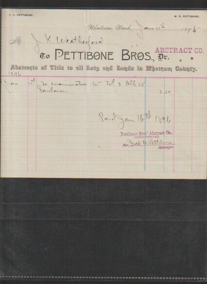 1895 WHATCOM WASHINGTON PETTIBONE BROTHERS ABSTRACT COMPANY TITLE  Billhead