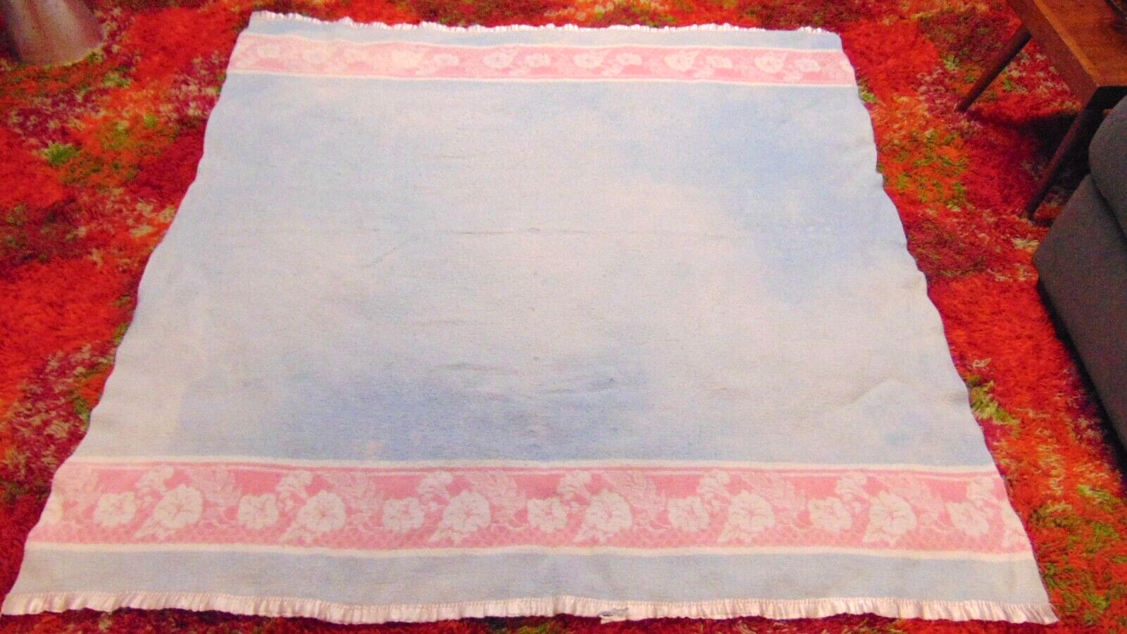 Vtg Pink & Blue Floral Stripe Cotton Camp Blanket  62\