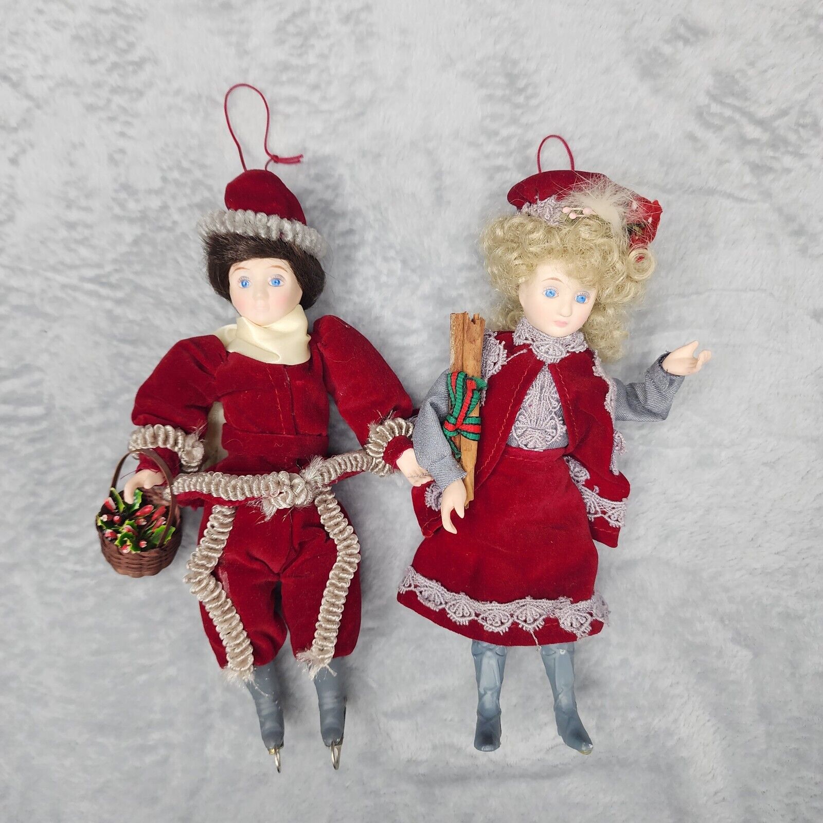 Lot 2 Kurt Adler Victorian Lady and Man Christmas Doll Ornaments Porcelain 1986