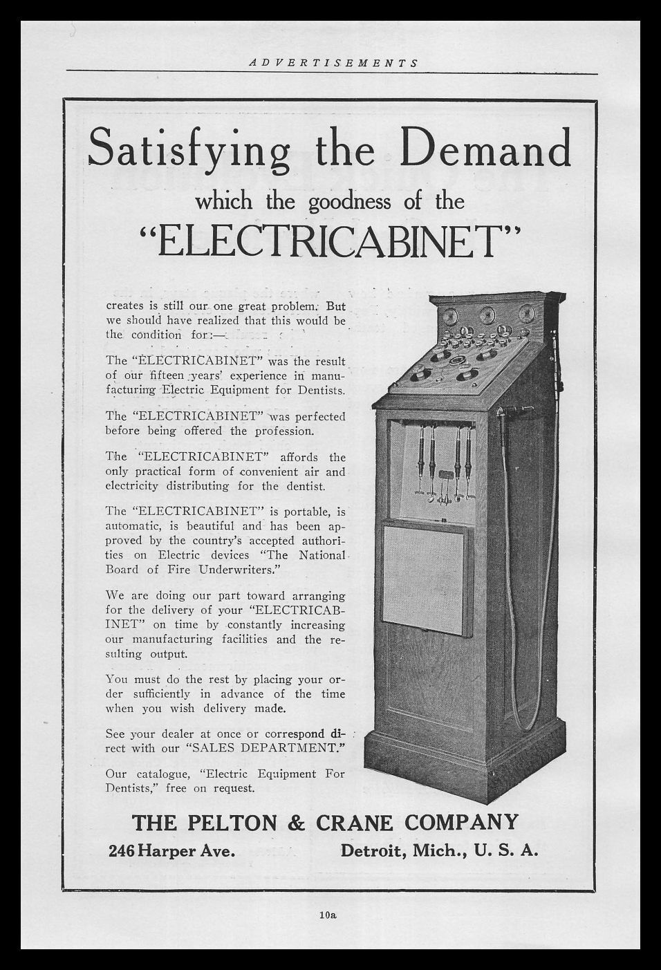 1920 Pelton & Crane Co. Detroit Michigan Electricabinet Dental Cabinet Print Ad