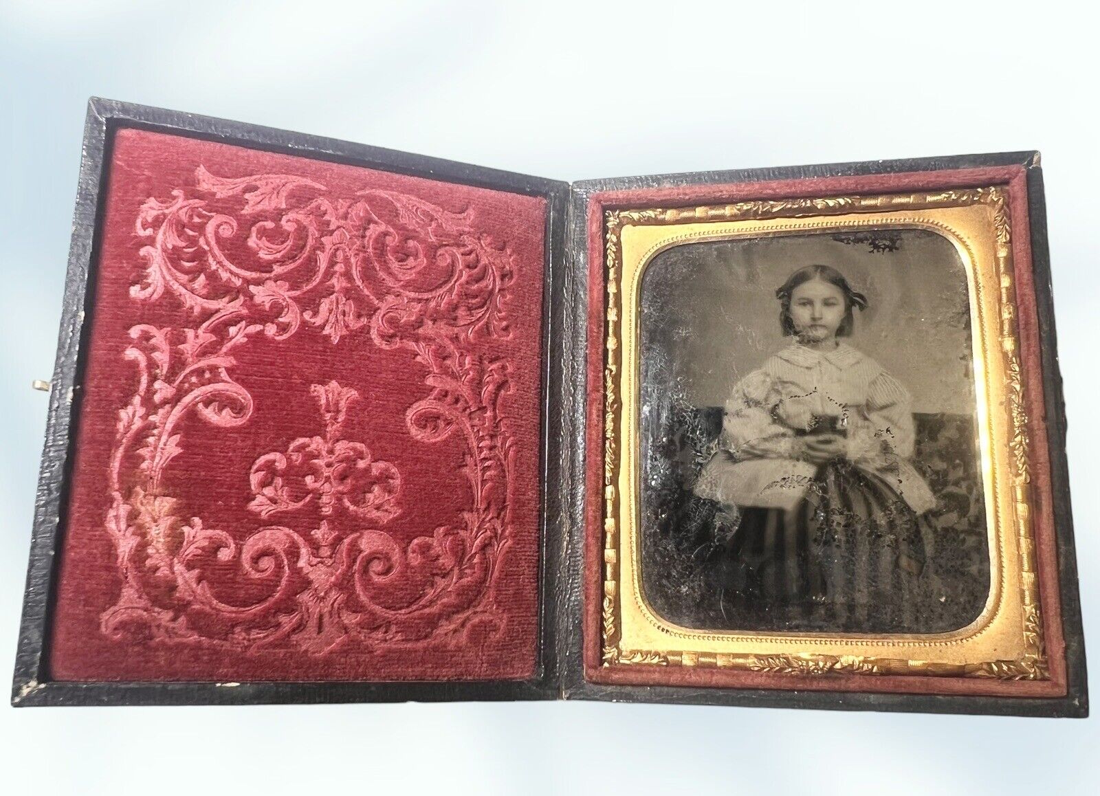 1860s Daguerreotype Ambrotype Glass Photo Embossed Antique Case Small Girl Dress