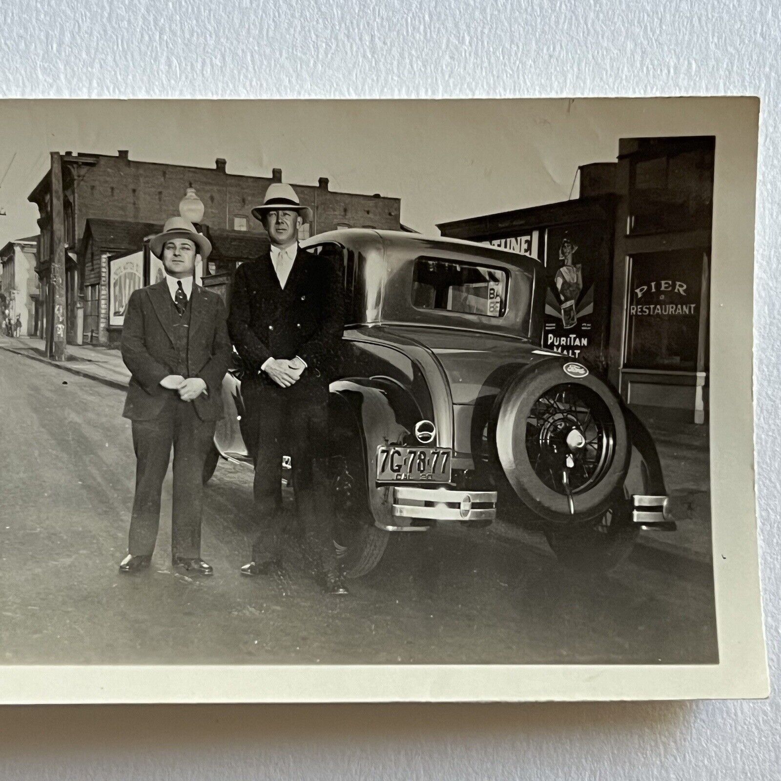 Vintage B&W Snapshot Photograph Handsome Men By Ford Car Street CA License Plate