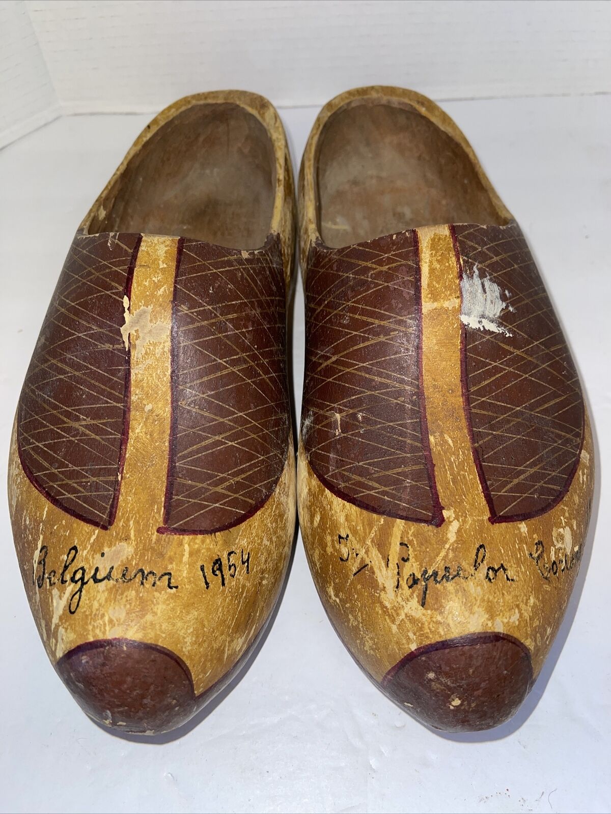 Vintage Wooden Belgium Clogs 1954 Hand Carved Large Well Worn Collectible