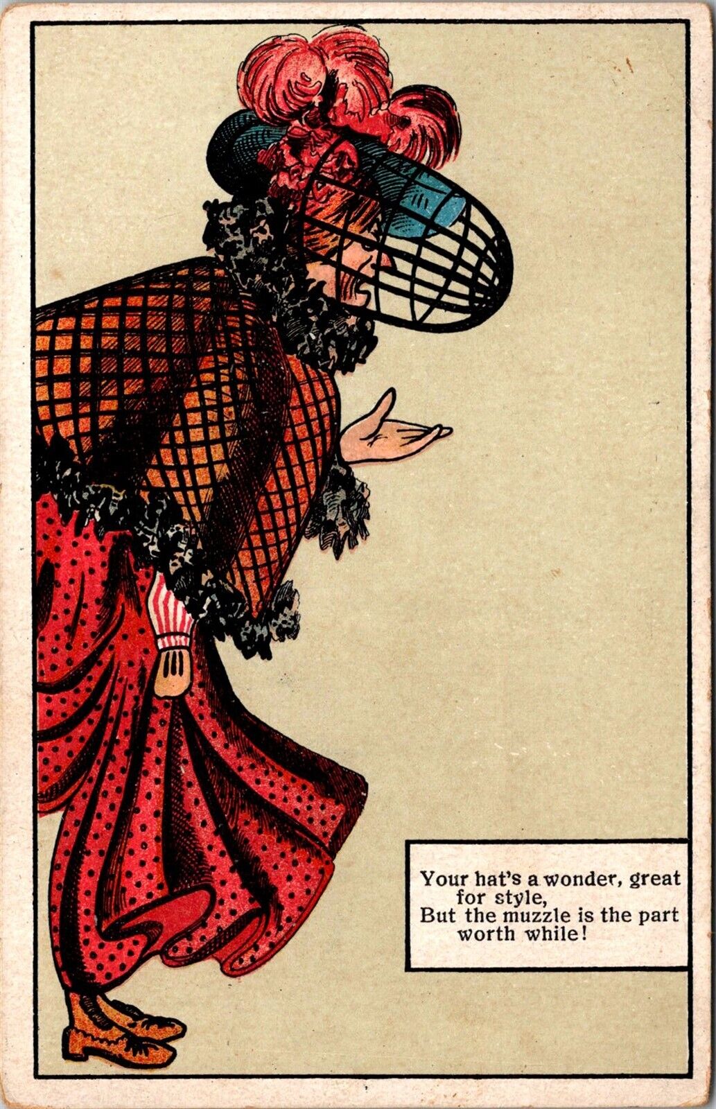 Well Dressed Woman Wearing Muzzle, Poem Vintage Postcard O48
