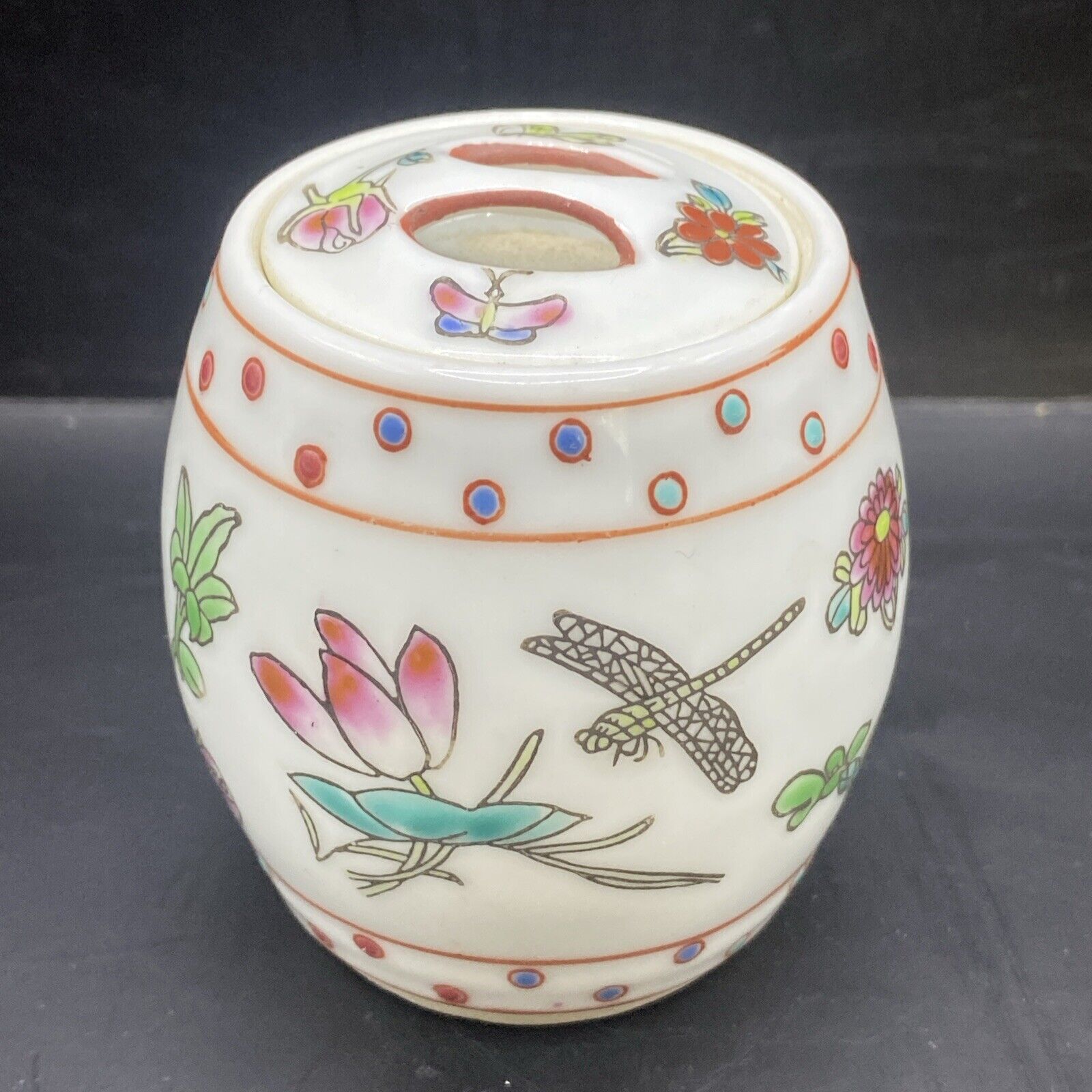 Vintage Famille Rose Barrel Chinese Miniature Porcelain Ginger Jar w/ Lid 