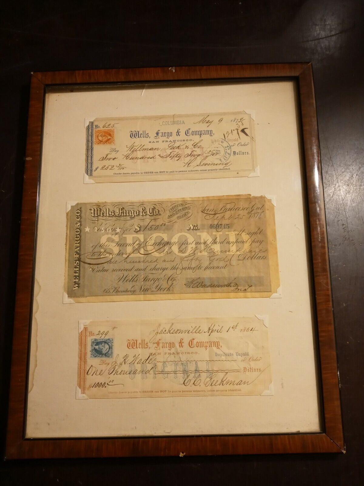 1864, 1873, 1878 Wells Fargo San Francisco & New York Bank Checks with Stamps