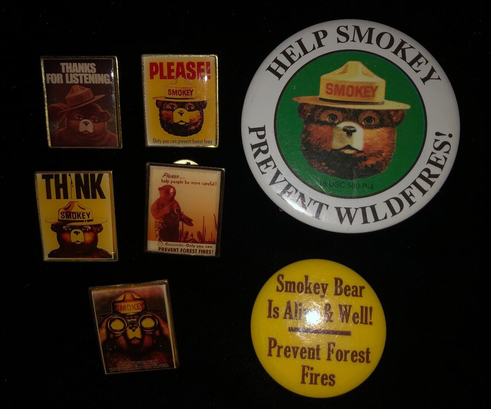 Smokey Bear vintage USFS pins collection, 7 pins, excellent condition