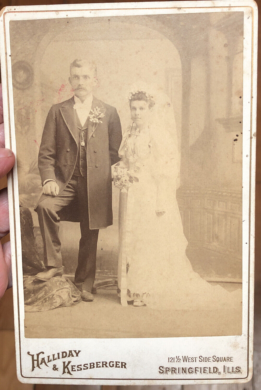 Antique Cabinet Card Bride and Groom Sepia Tone. Photographer Springfield Ill.