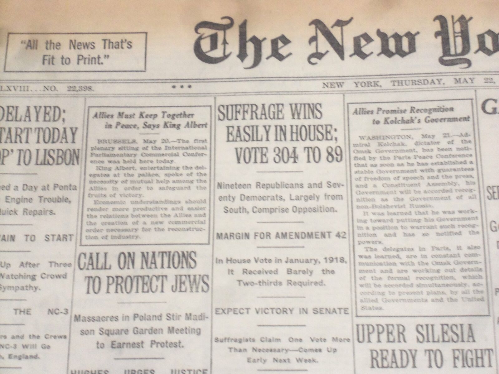 1919 MAY 22 NEW YORK TIMES - SUFFRAGE WINS EASILY IN HOUSE - NT 9261