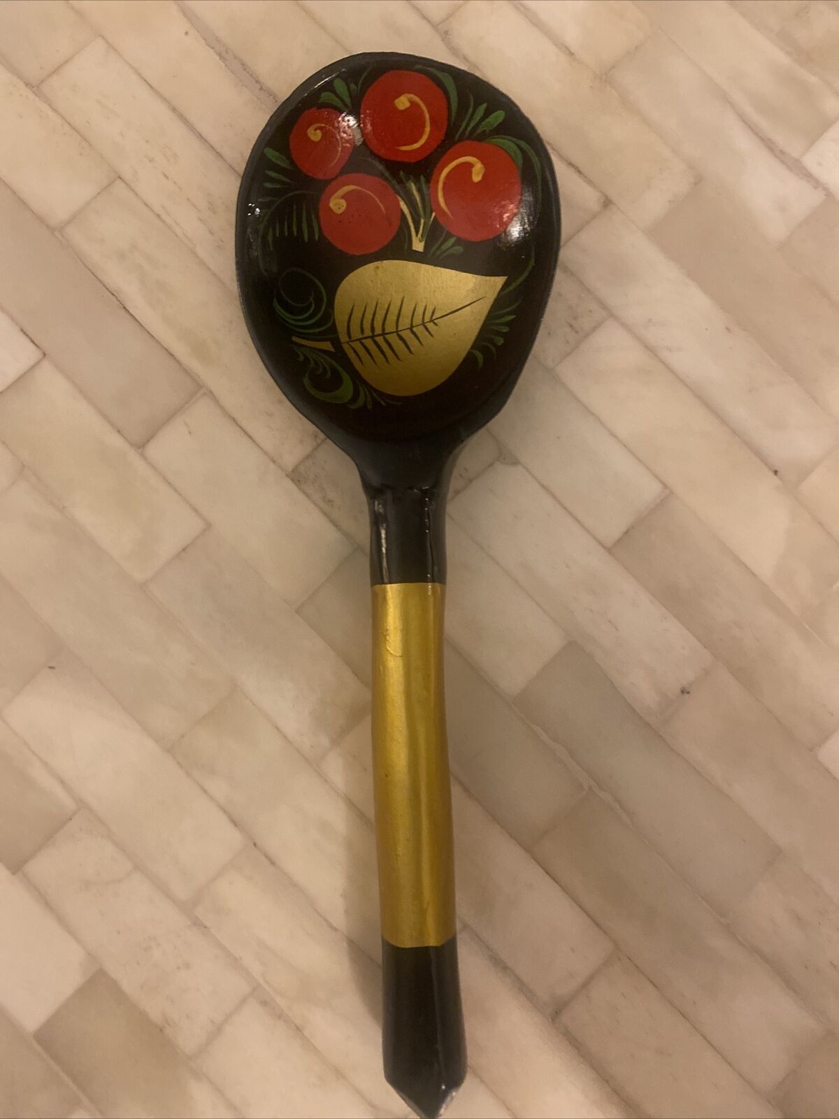 Vintage KHOKHLOMA Wooden Spoon Hand Painted RUSSIAN Lacquer Black Red & Gold