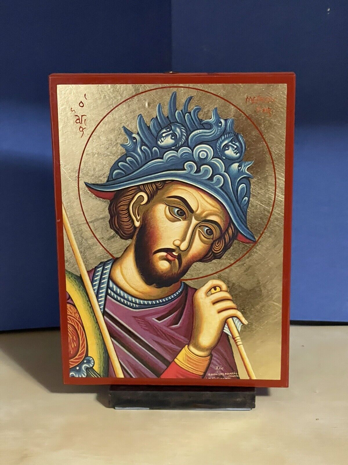 SAINT MERCURIUS, THE GREAT MARTYR -WOODEN ICON FLAT, WITH GOLD LEAF 5x7 Inches