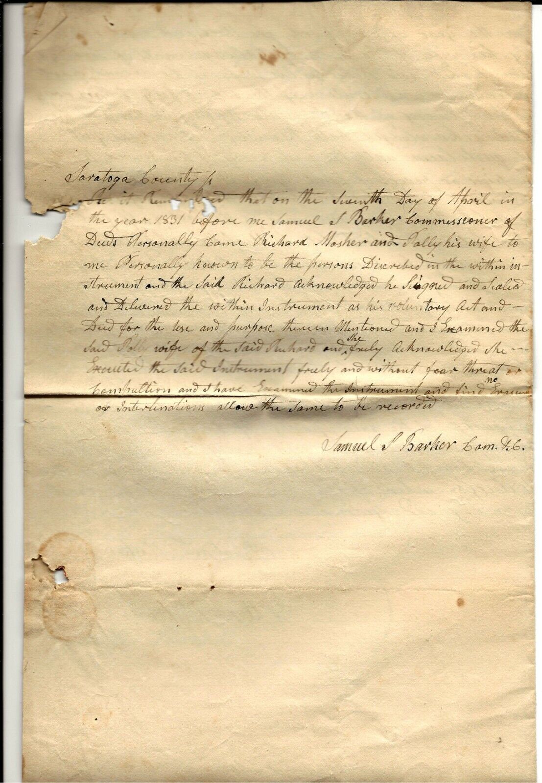 1831 Indenture Saratoga Cty  Samual J Barker Deeds Comm & Richard Mosher
