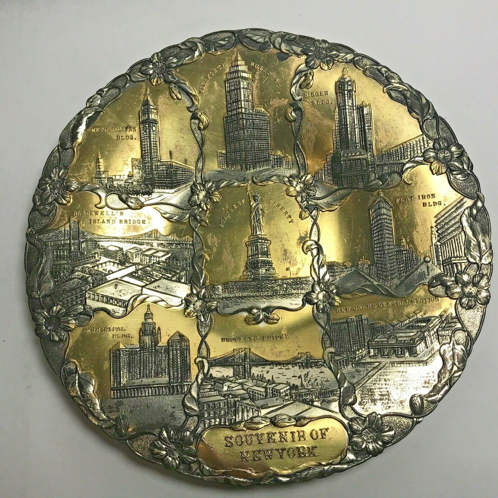 Antique Metal Plate Souvenir of New York Silver/Gold Tone Embossed Circa 1915