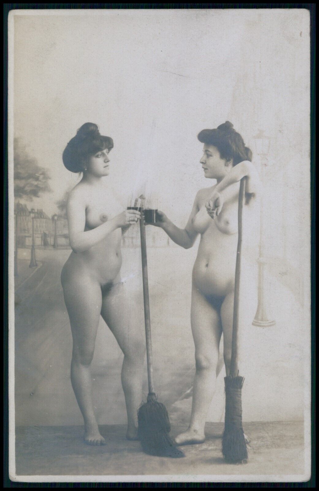 French full nude woman Broom witches original old early 1900s photo postcard