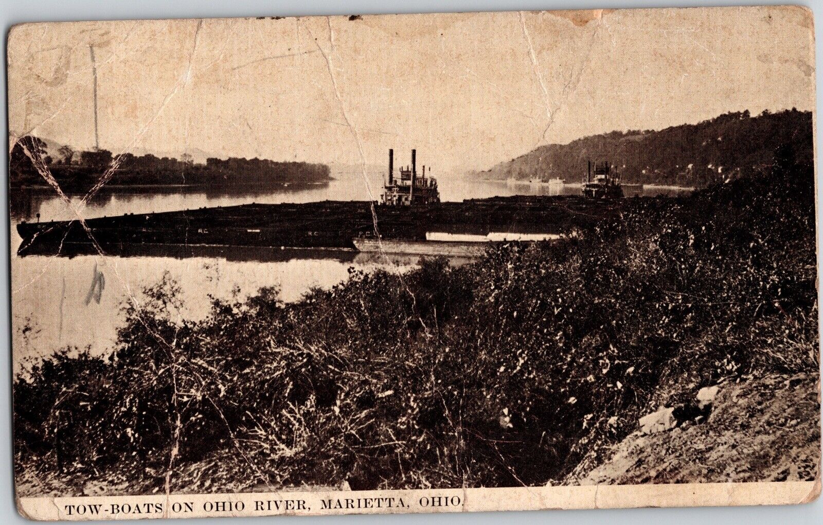 1919 Vintage Real Photo RPPC Marietta Ohio River Tow Boats Coal
