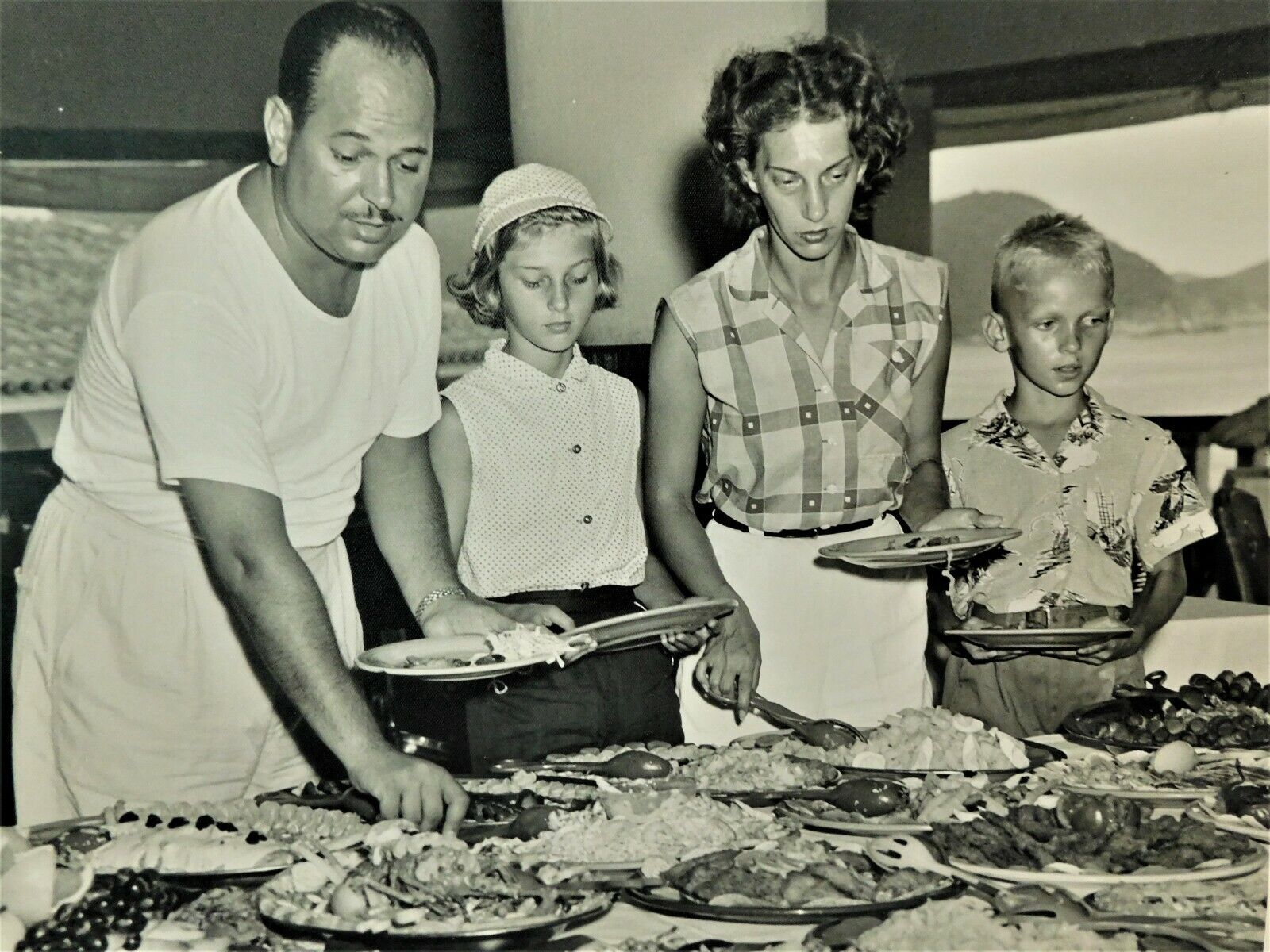 Vtg 1950\'s Photo Buffet Restaurant Family Vacation Dapper Dad Wife Kids BW 8x10