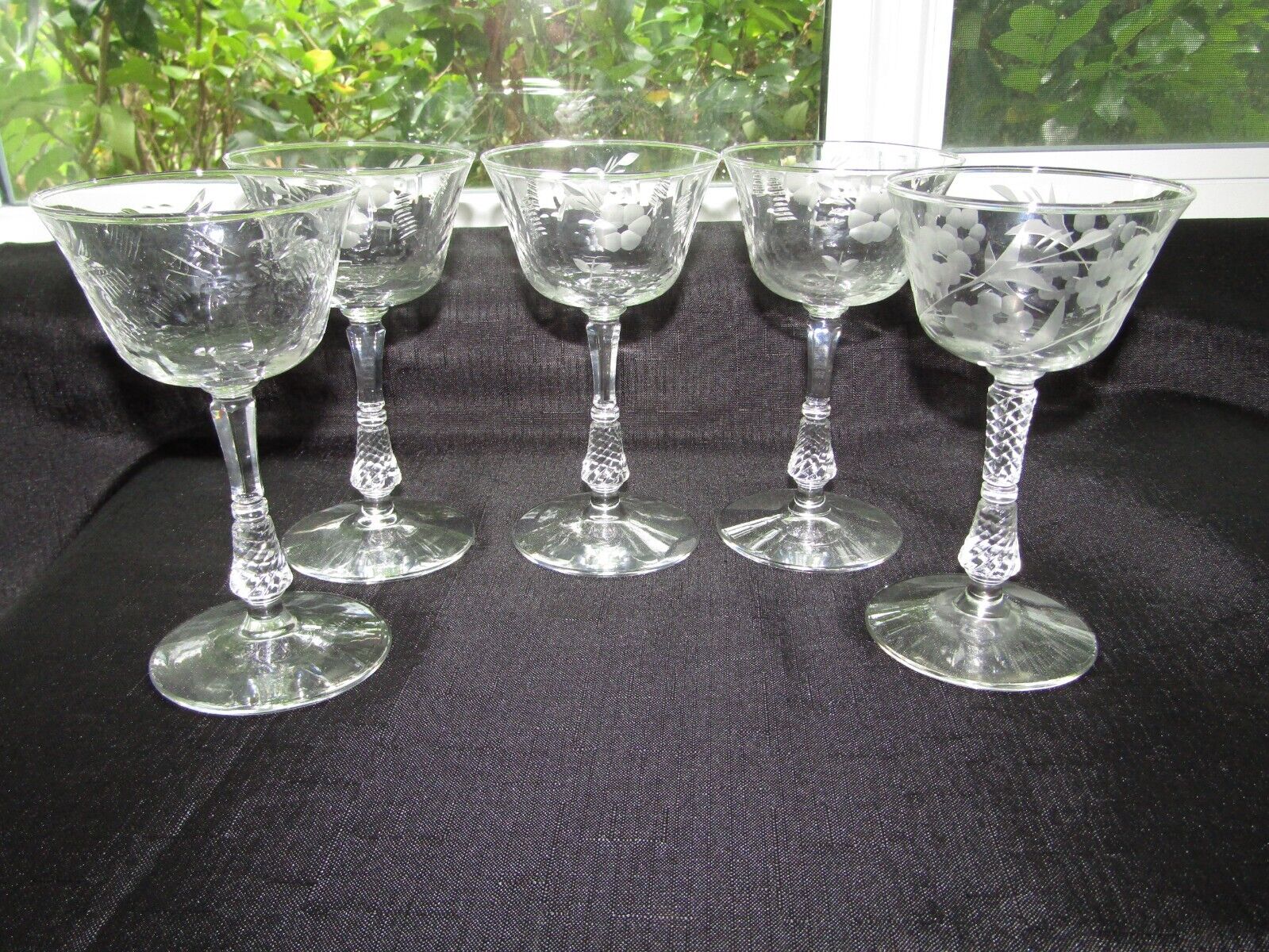 Lot of 5 Etched Flower Flared Coupe Wine Vintage Glasses