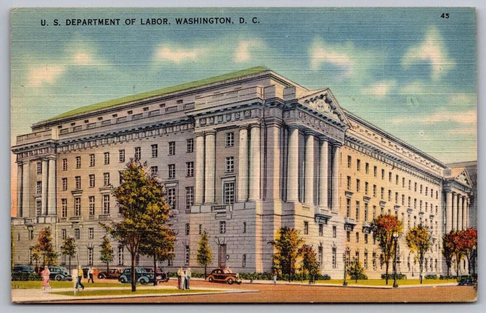US Department Of Labor Washington DC Linen Old Car 1945 Cancel WOB PM Postcard