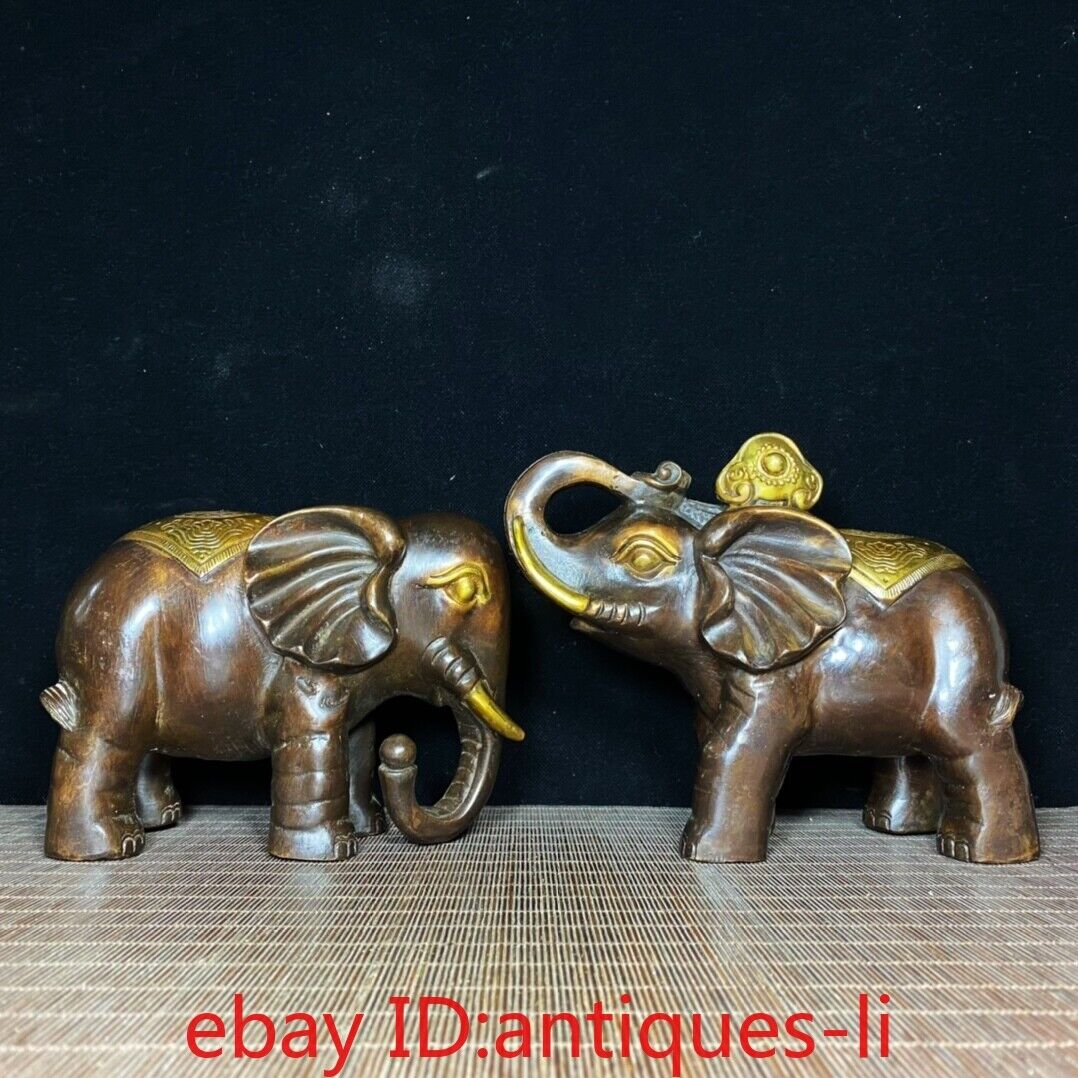Chinese Antique Collection Pair of Pure Copper Gilt Elephants of Great Fortune
