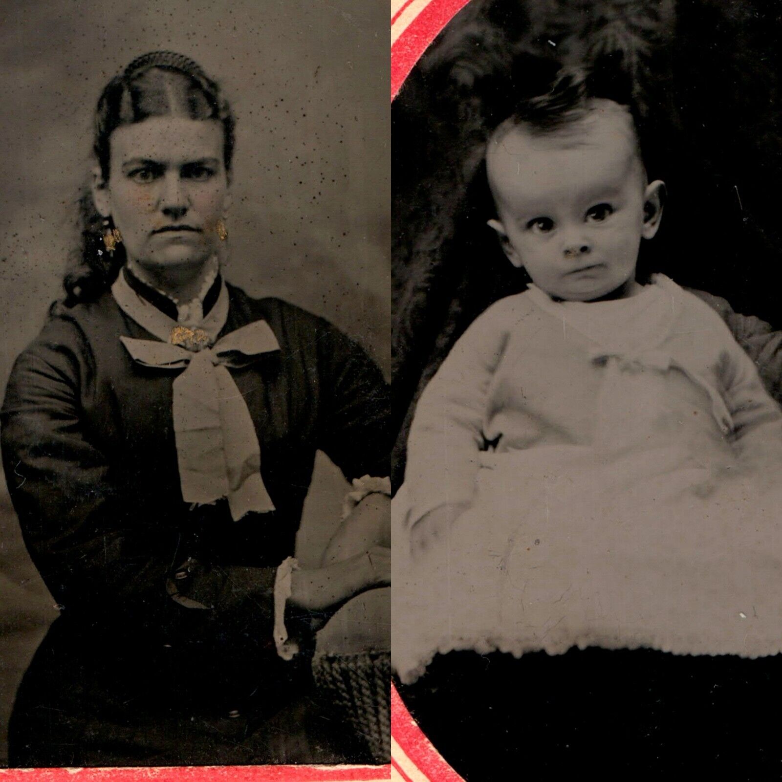 x2 LOT ID'd c1860s Beltz Family Cute Lady Mother Baby Boy Tintype Real Photo H40