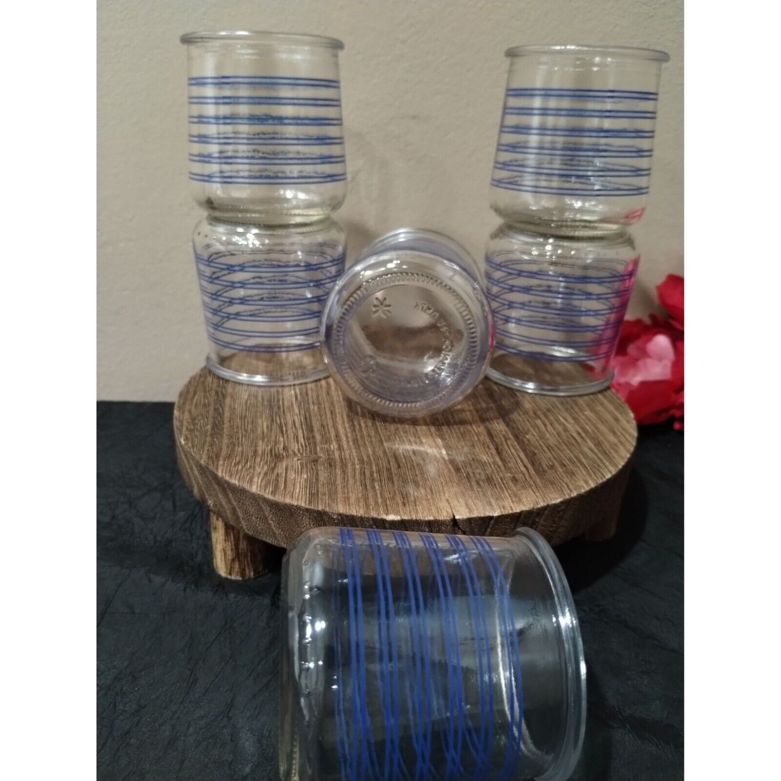 6 Piece Vintage Qui Yogurt Jars Clear Glass with Blue Stripes