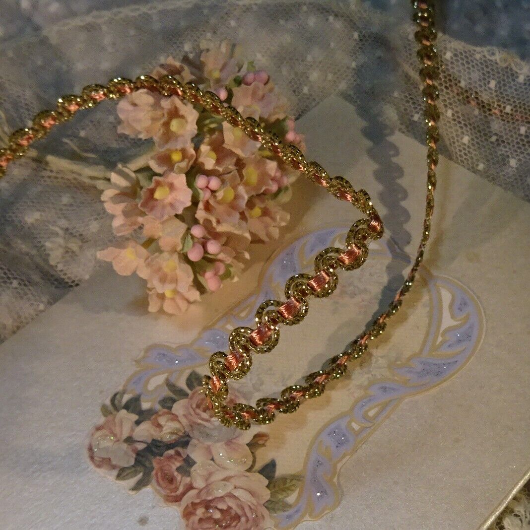 Antique tinny narrow Gold METALLIC rose pink silk Lace Trim doll dress vtg  1/4\