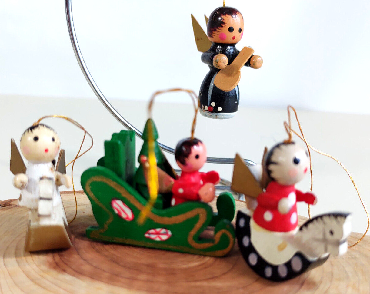 4 Vintage Small Wooden Angel Ornaments on Sleigh & Rocking Horses~1.25 inches