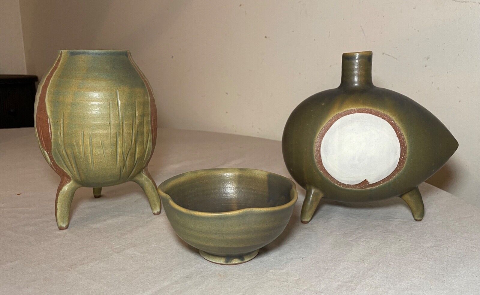 antique signed Japanese 3 piece studio art green pottery footed vase bowl set