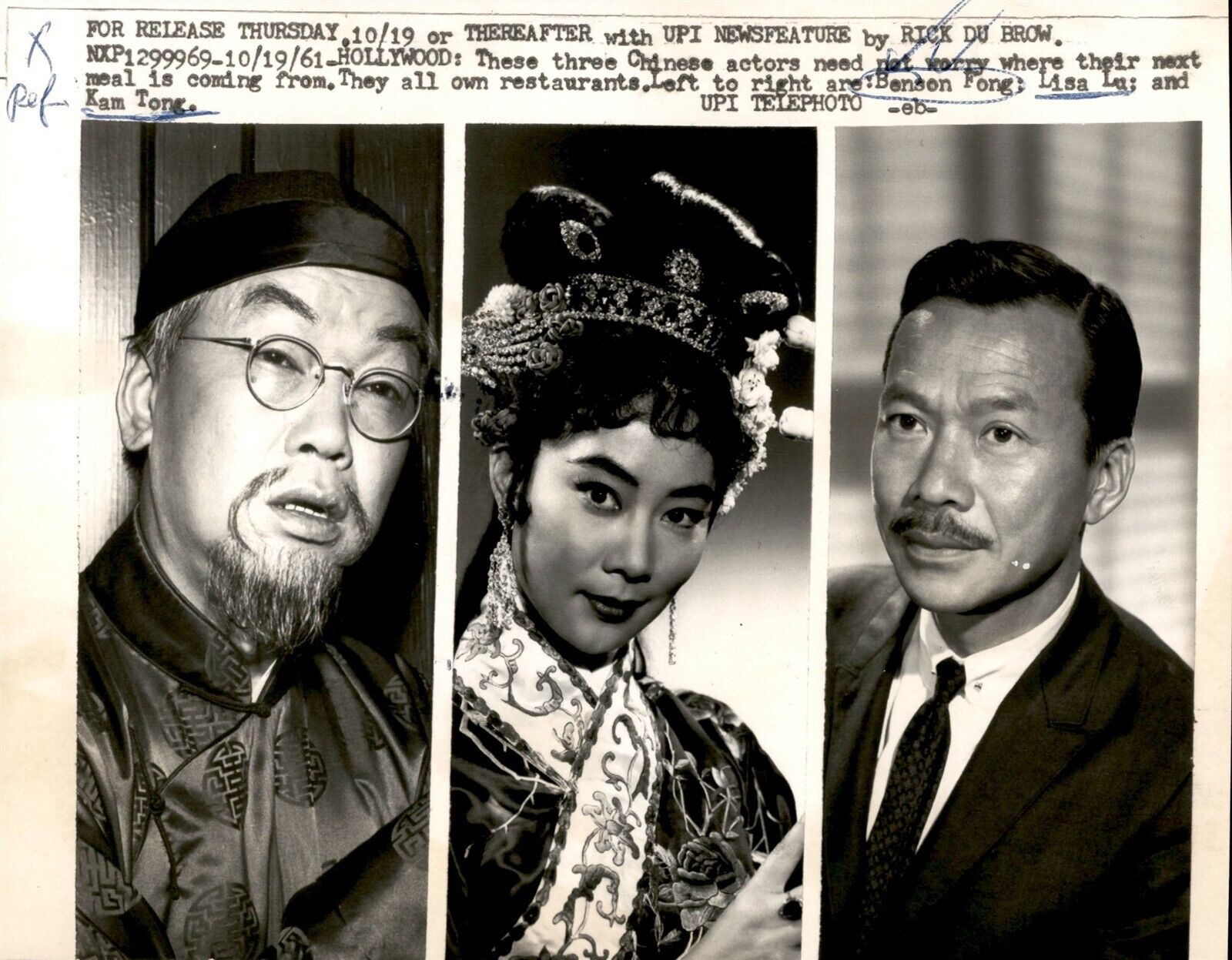 LG48 1961 Wire Photo CHINESE ACTORS & RESTAURATEURS BENSON FONG LISA LU KAM TONG