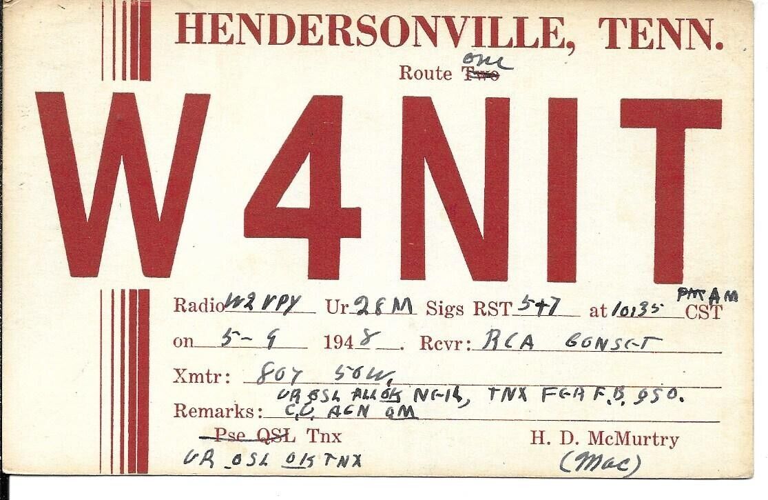 QSL 1948 Hendersonville   TN  radio card